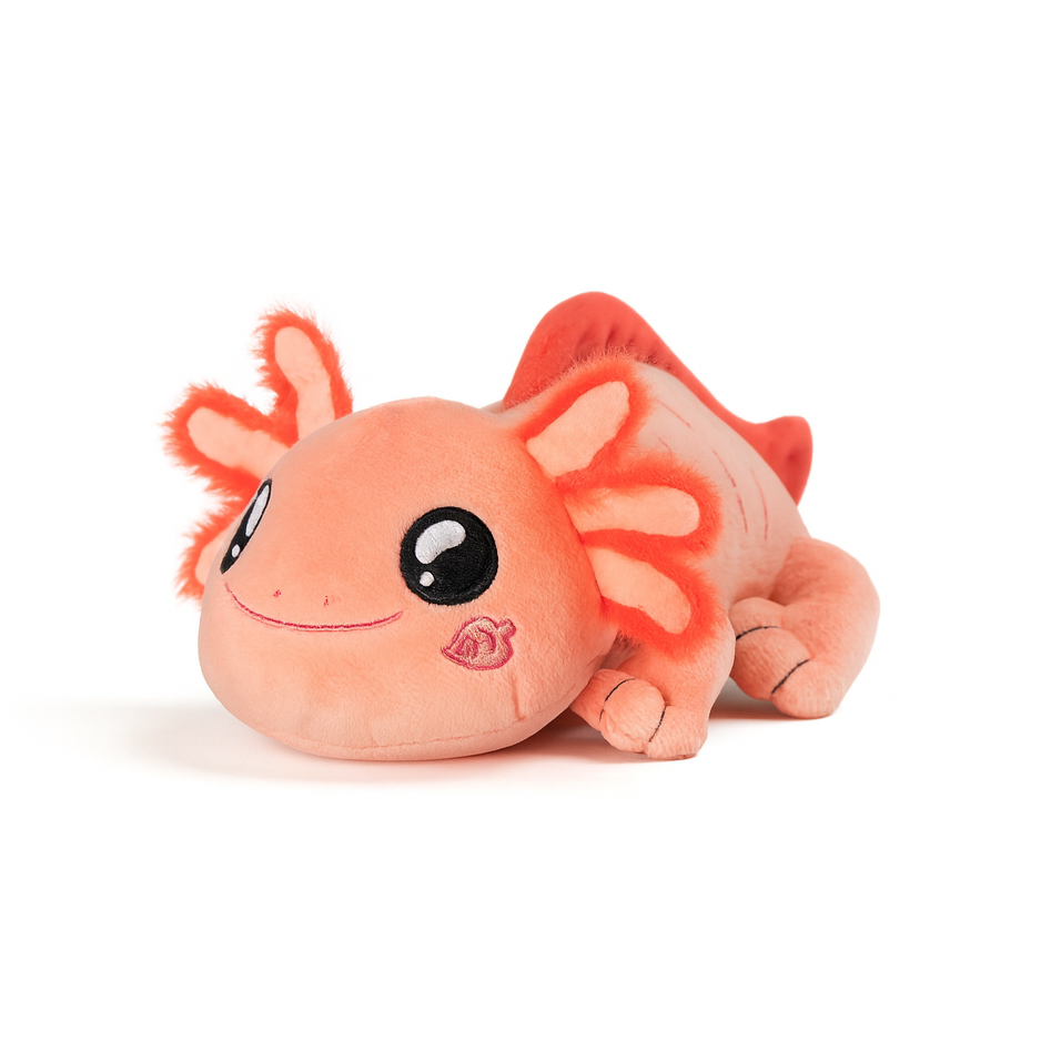 Plush toy axolotl with orange and pink colors on a white background