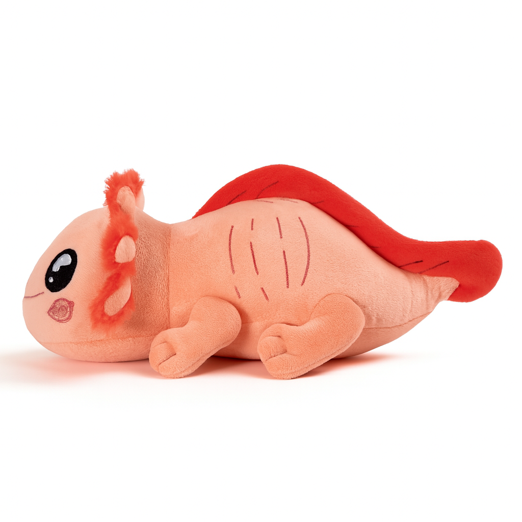 Plush toy resembling a small dinosaur with red accents on a white background